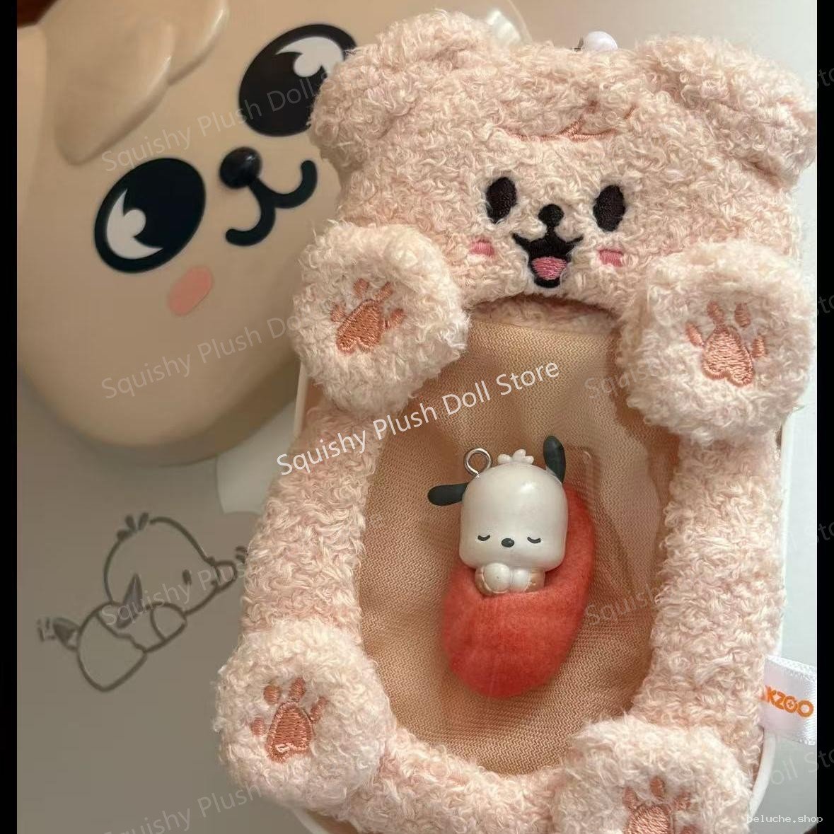 Adorable étui peluche rose pour figurine Pompompurin