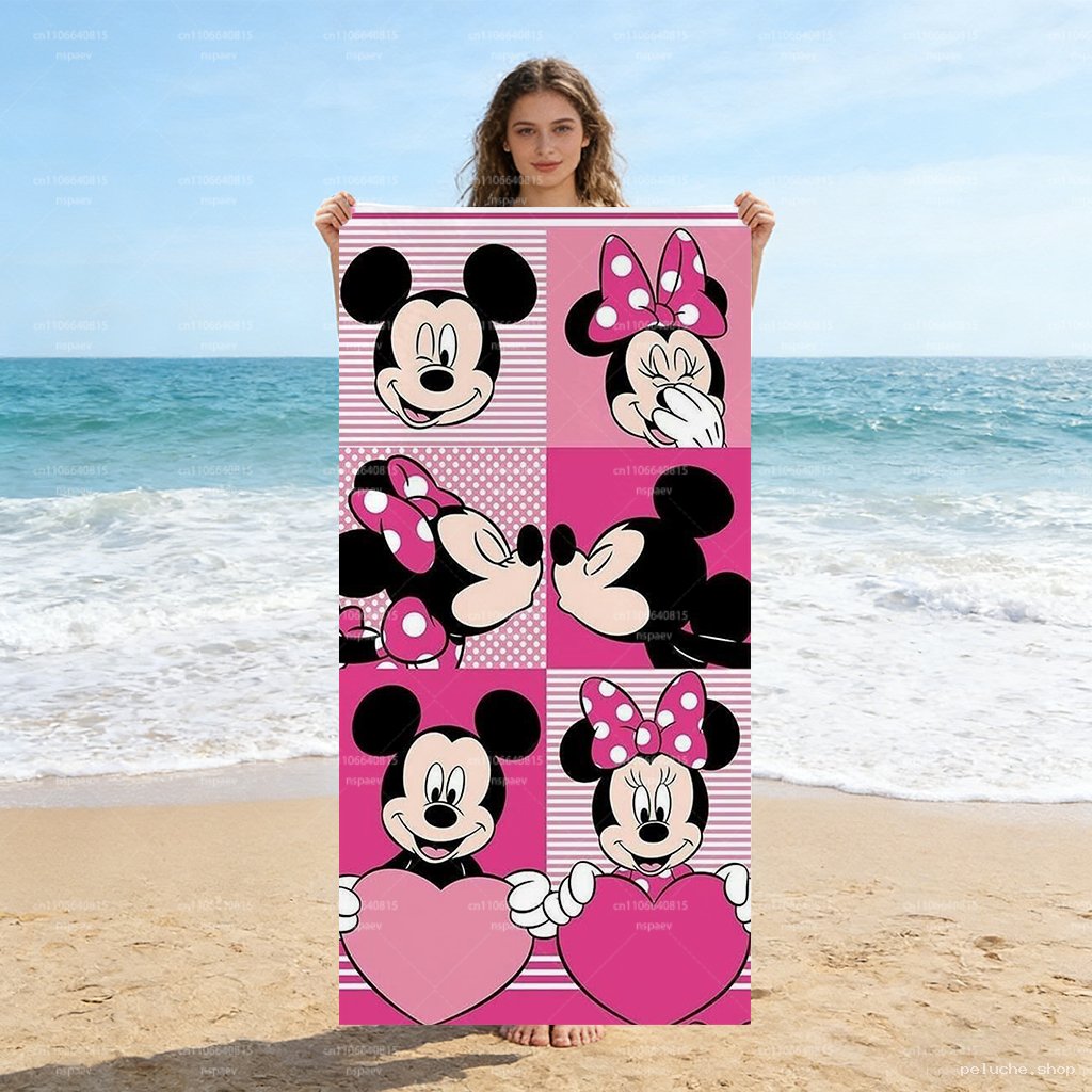 Serviette de Plage Disney Mickey Minnie Cœurs Roses