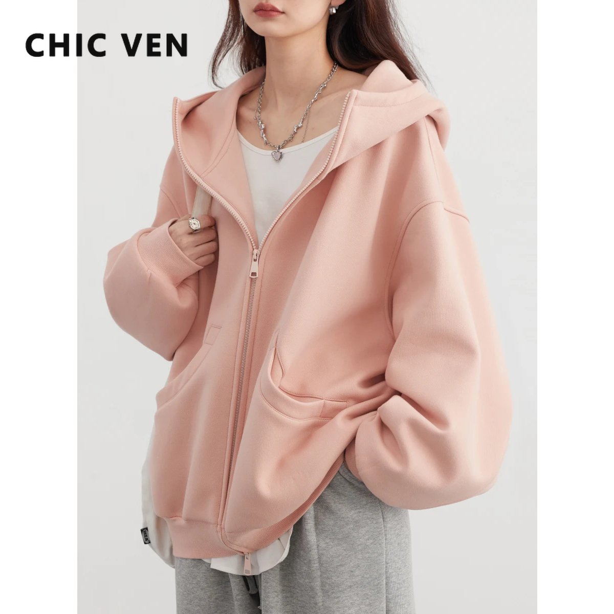 Sweat Zippé à Capuche Rose Oversize Tendance Femme