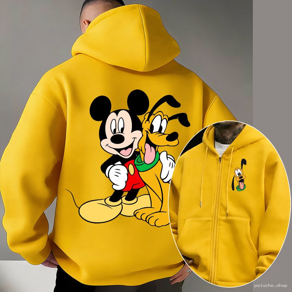 Sweat à Capuche Jaune Mickey et Pluto - Style Décontracté