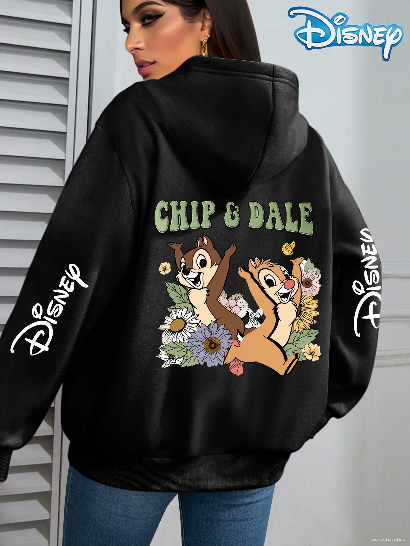 Sweat à Capuche Disney Tic et Tac Floral Noir - Style Fun
