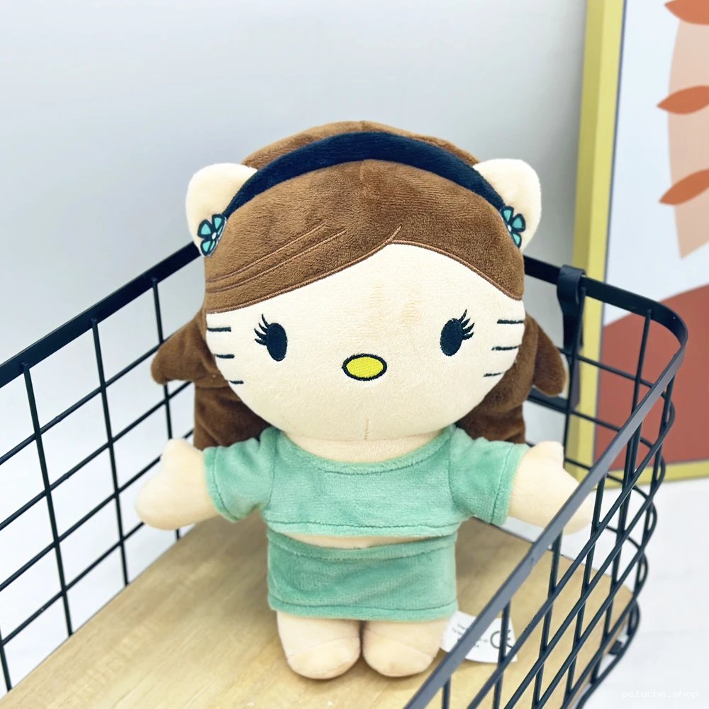 Peluche Hello Kitty Mignonne Cheveux Bruns Robe Menthe
