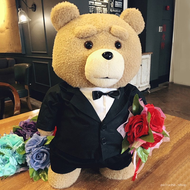 Peluche Ted Ours en Smoking avec Bouquet de Roses - Cadeau
