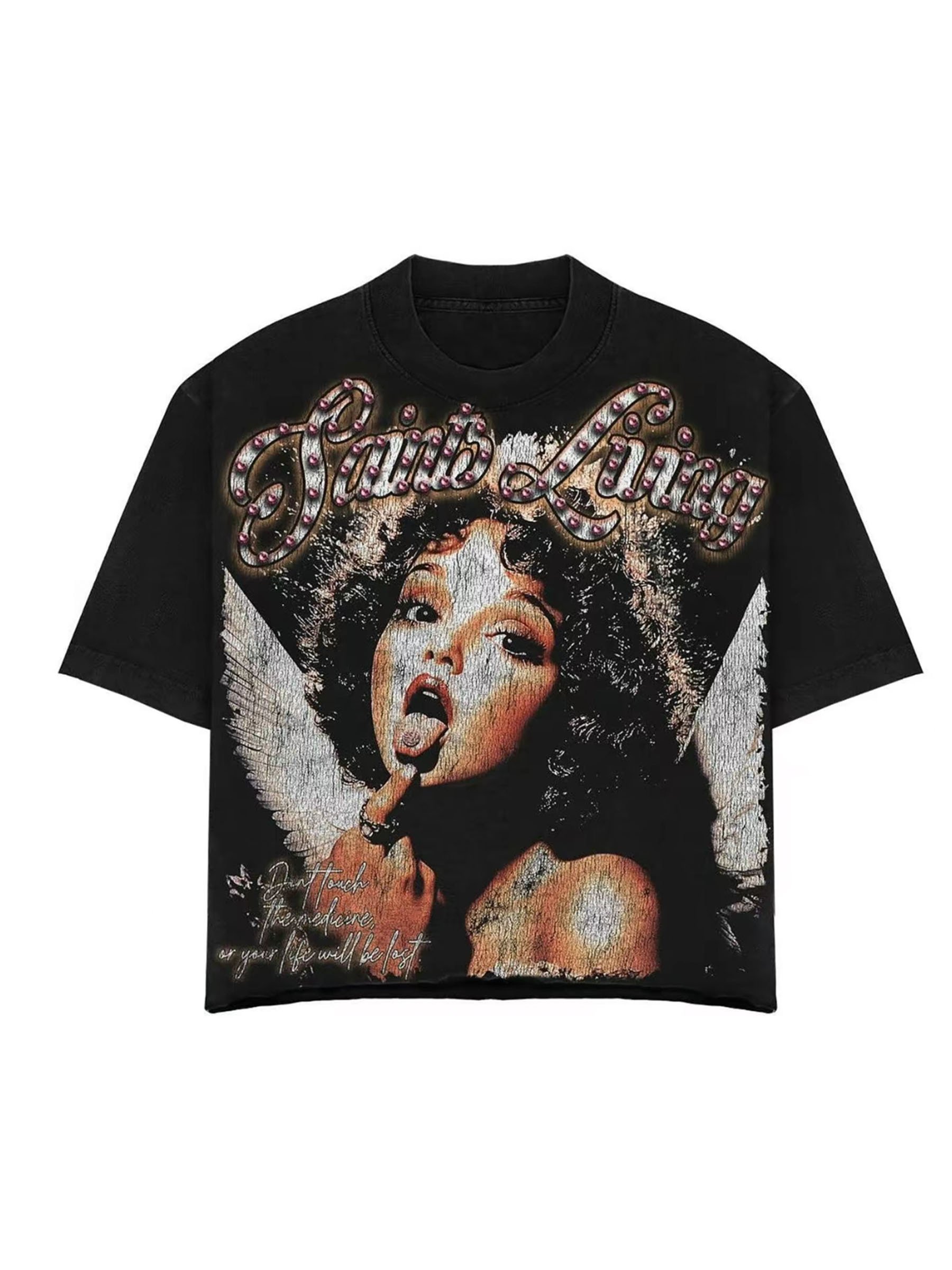 T-shirt vintage noir femme motif ange "Saint Living" graphique