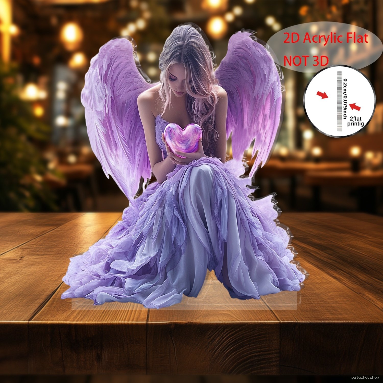 Ange Décoratif Acrylique 2D Ailes Violettes Coeur Lumineux