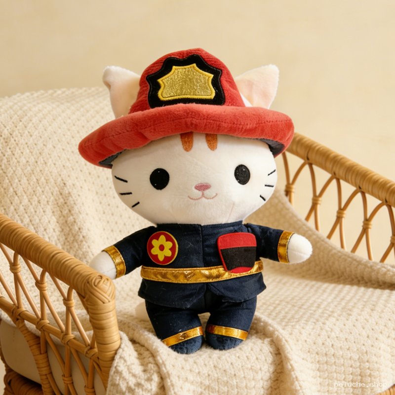 Peluche Chat Pompier Mignon | Doudou Héroïque pour Enfants