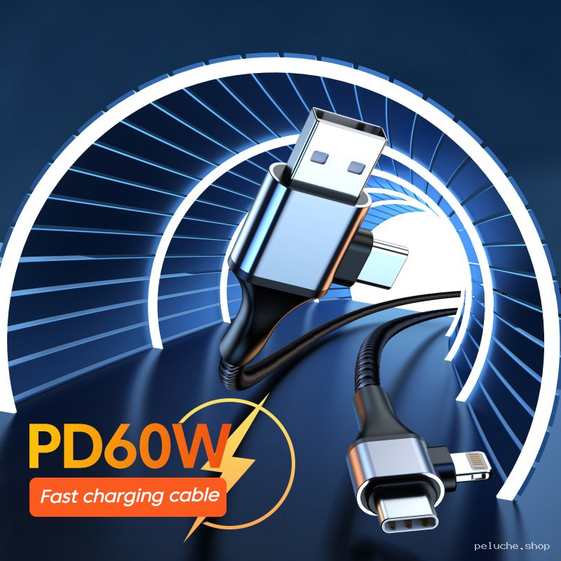 Câble Charge Rapide PD60W USB-A vers USB-C/Lightning Coudé