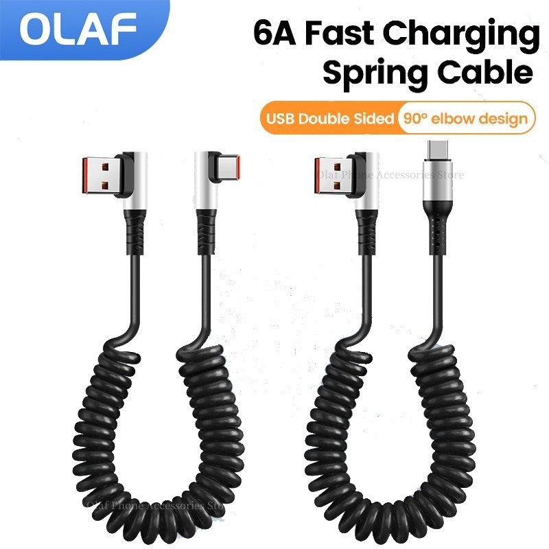 Câble USB ressort OLAF charge rapide 6A - Double face coude 90°