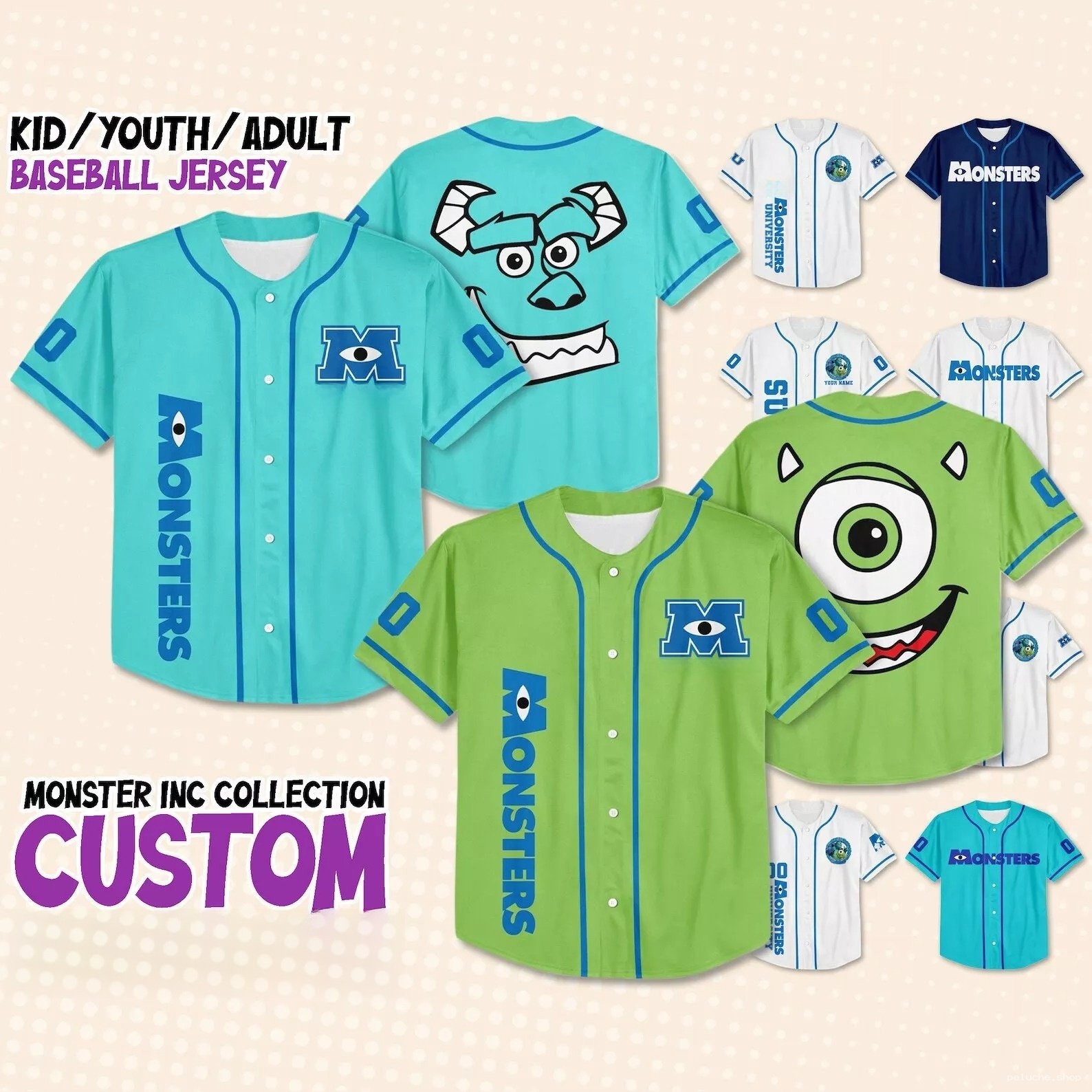Maillot Baseball Monstres & Cie Personnalisé - Enfants & Adultes