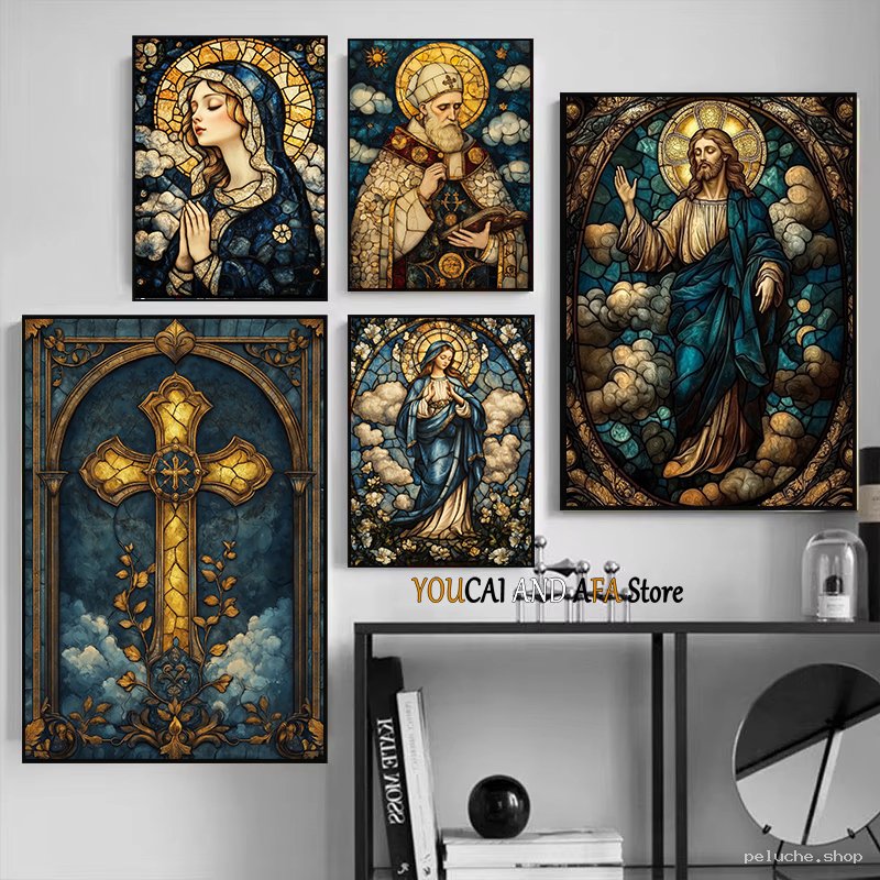 Tableaux Vitrail Religieux - Art Chrétien Jésus, Marie, Croix
