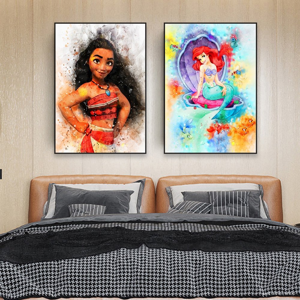 Tableaux Disney Aquarelle : Vaiana et Ariel pour Chambre Enfant
