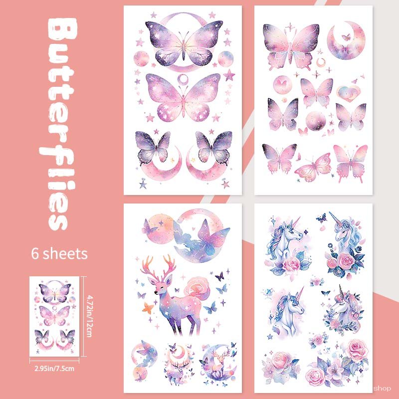 Stickers féeriques papillons, licornes & cerfs - 6 planches