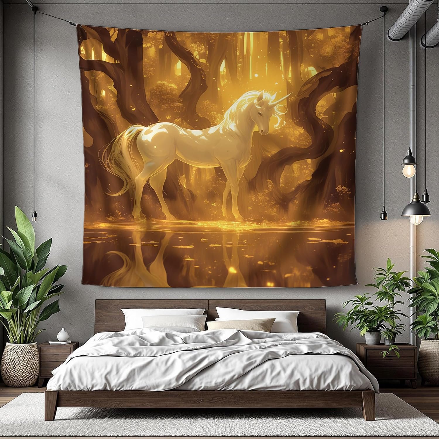 Tapisserie Licorne Magique Forêt Dorée - Décoration Murale