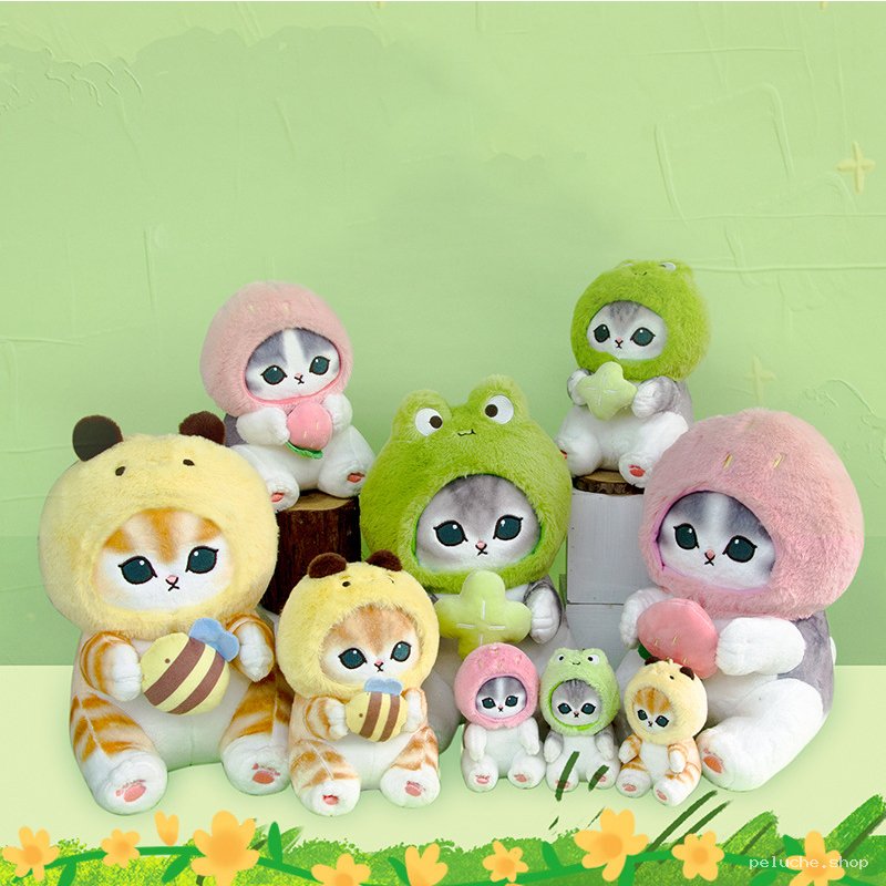 Peluche chat mignon à costume : Grenouille, Abeille, Fraise