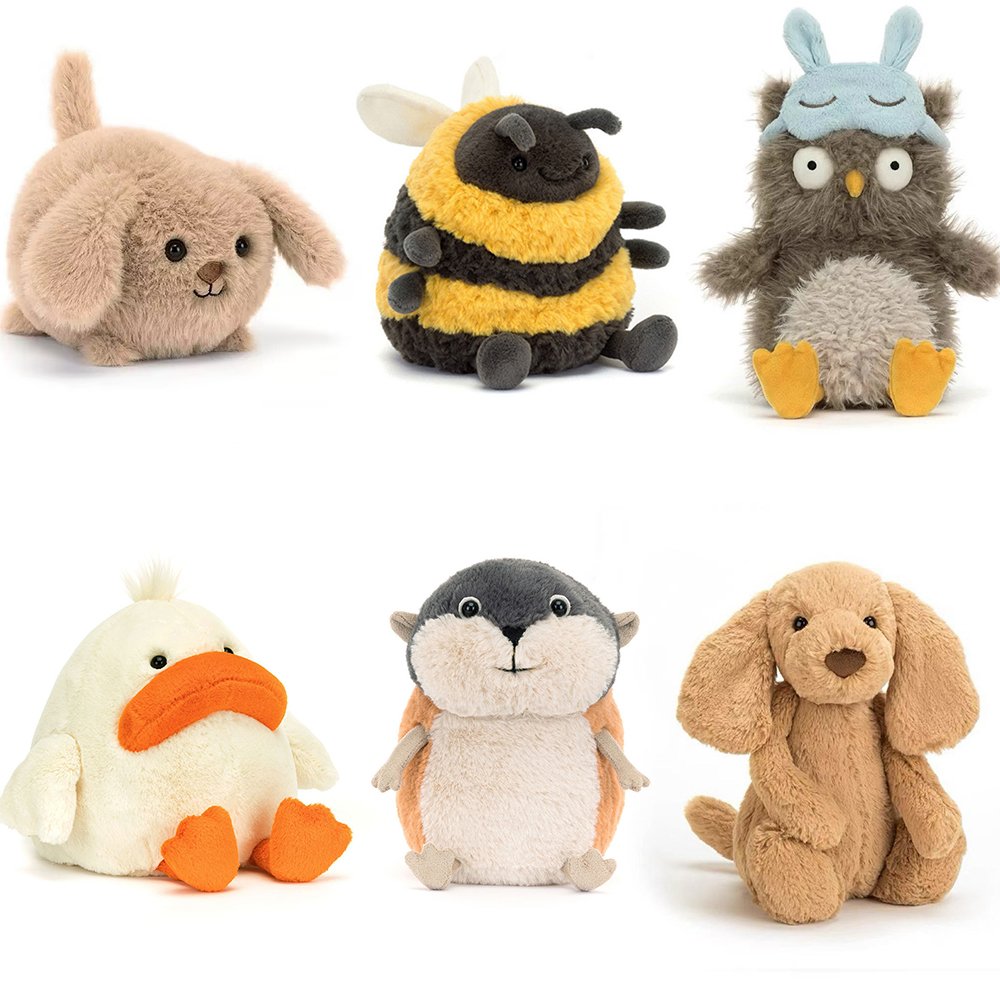 Adorables Peluches Douces : Chien, Abeille, Chouette, Canard