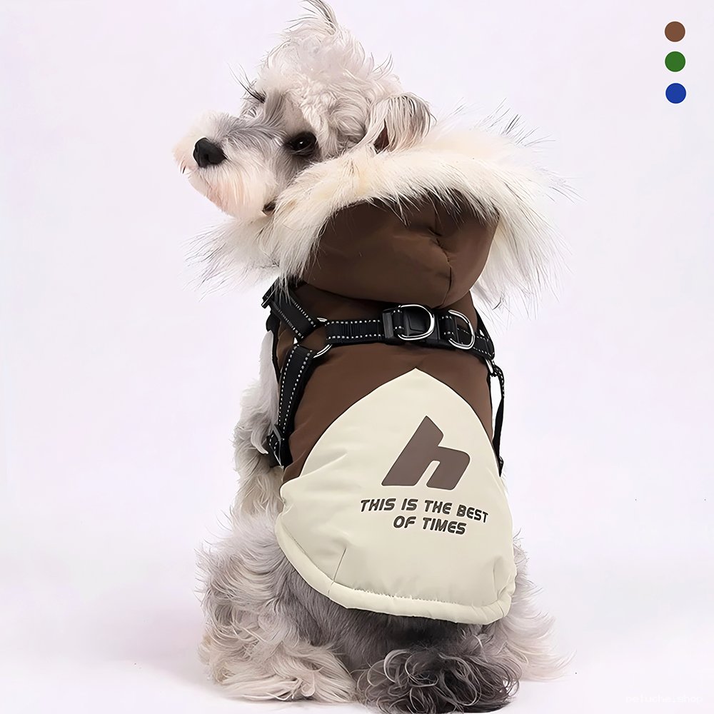 Manteau Hiver Chien Chaud avec Harnais et Capuche Fourrée