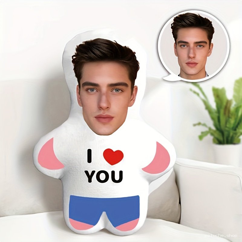Coussin Peluche Personnalisé Visage "I Love You" - Cadeau Unique
