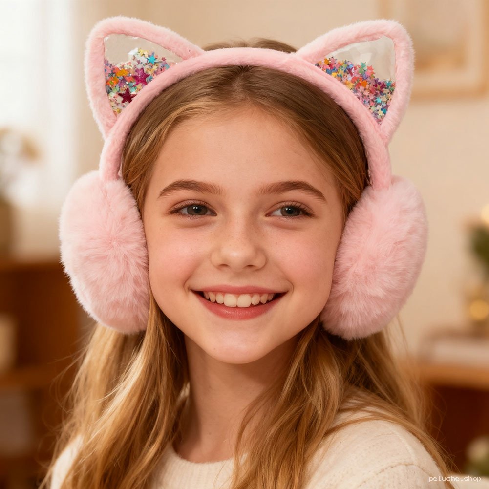 Cache-oreilles chat rose pailleté pour enfants - Hiver chaud