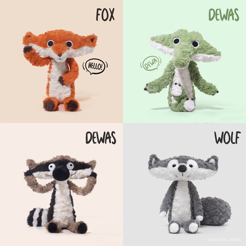Peluche Animaux Doux : Renard, Croco, Raton Laveur & Loup