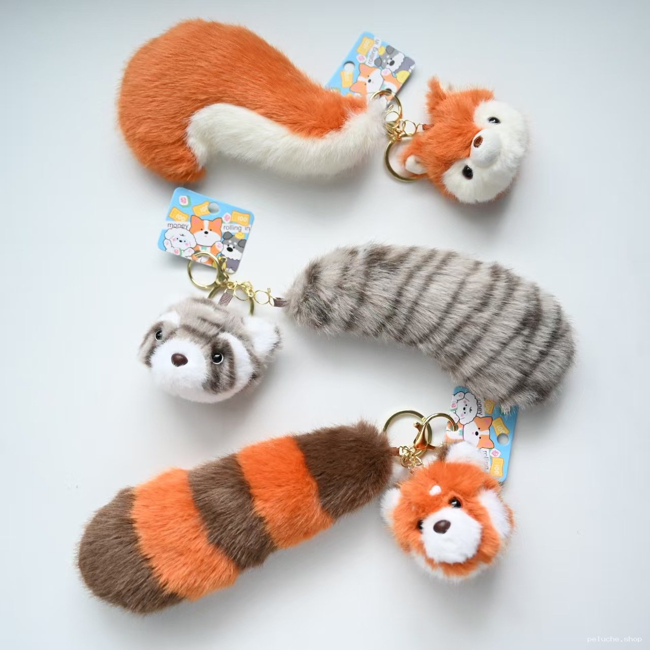 Porte-clés peluche animaux: renard, raton laveur, panda roux