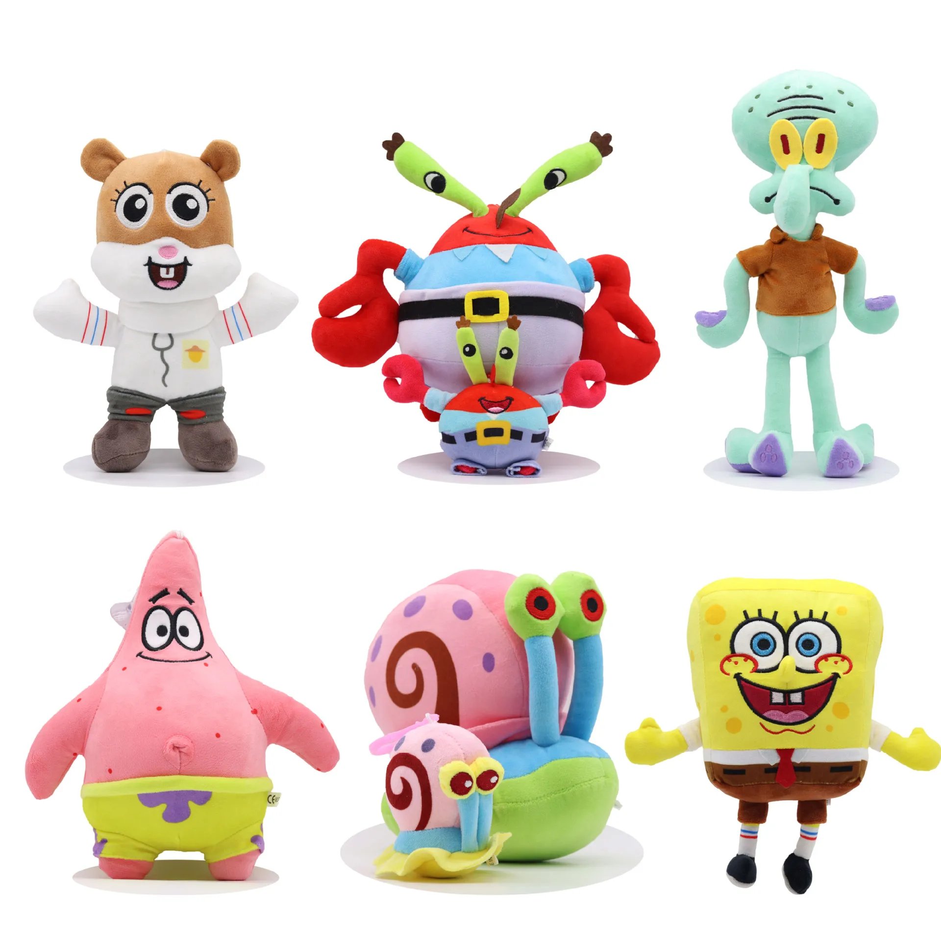 Peluches Bob l'Éponge : Sandy, Patrick, Carlo, Krabs, Gary