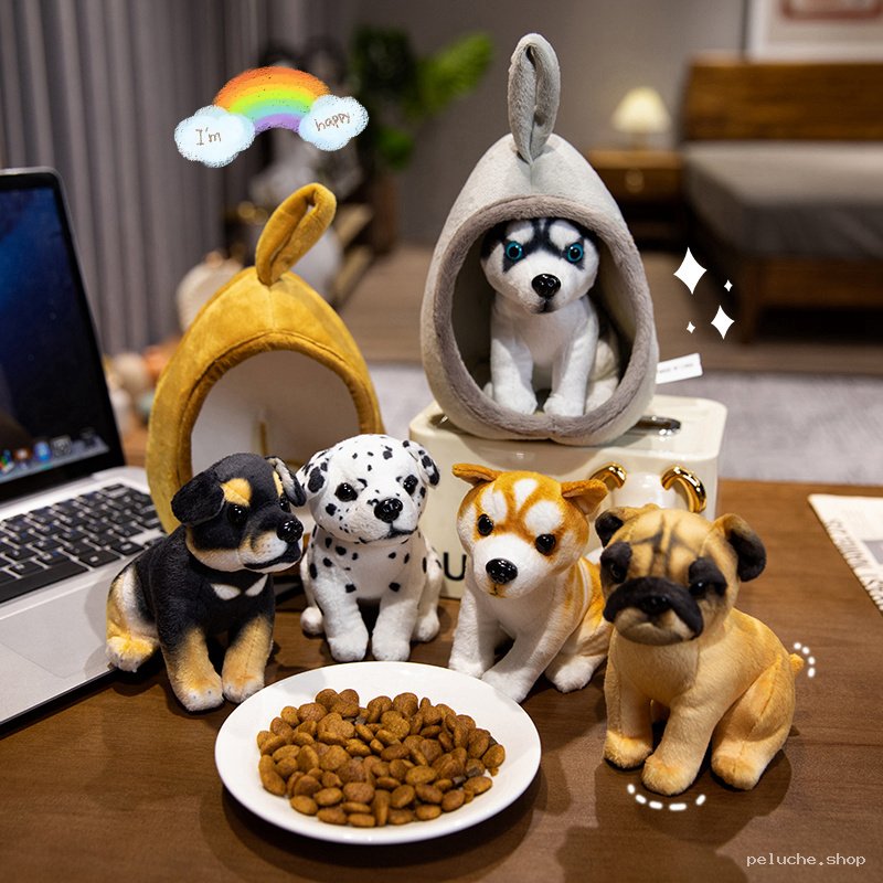 Peluches Chiots Réalistes : Husky, Carlin, Dalmatien, Corgi