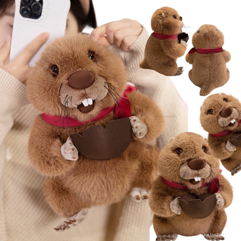Peluche Marmotte Mignonne & Douce avec Écharpe Rouge