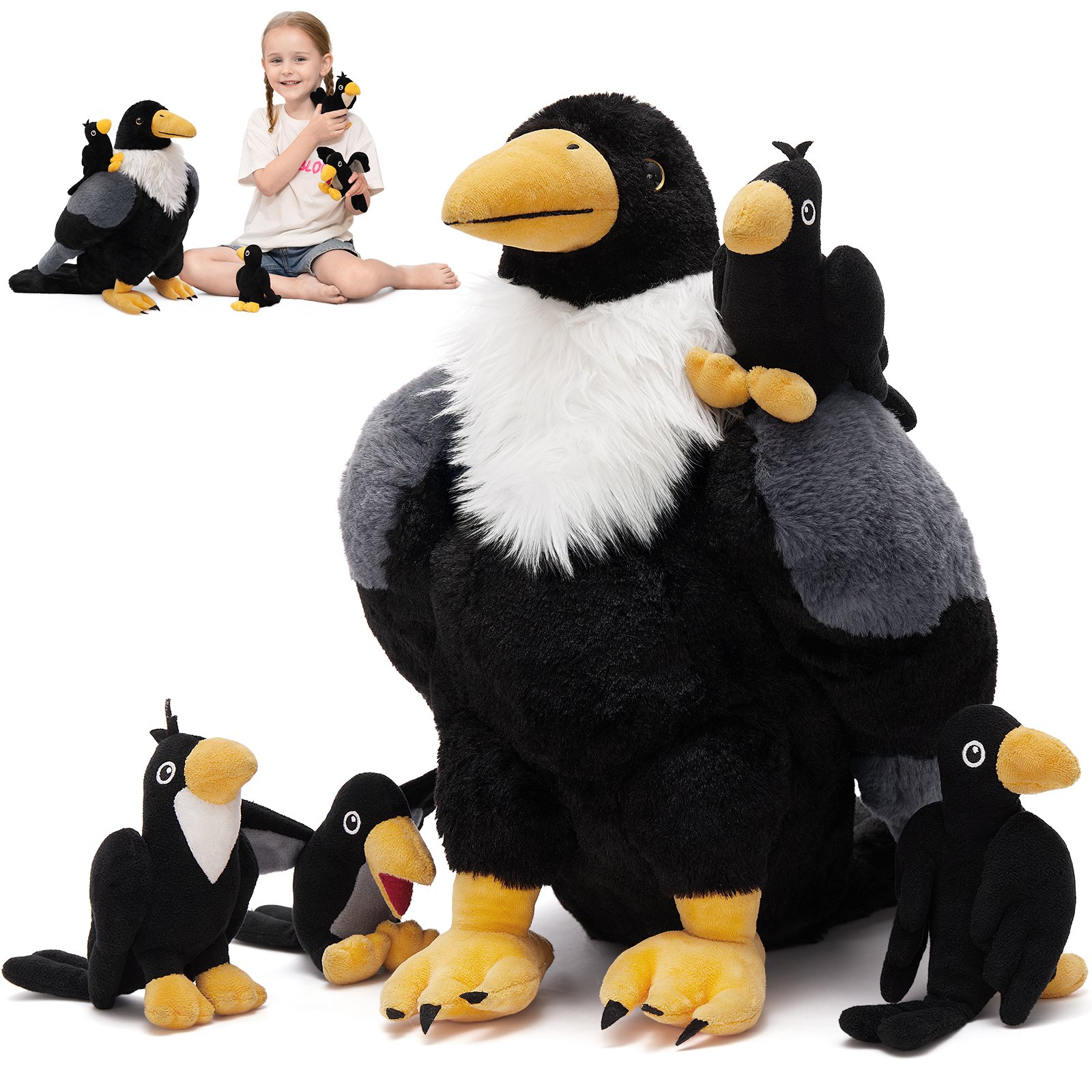 Peluche Grand Condor Géant et Mini Corbeaux - Jeu d'Enfants