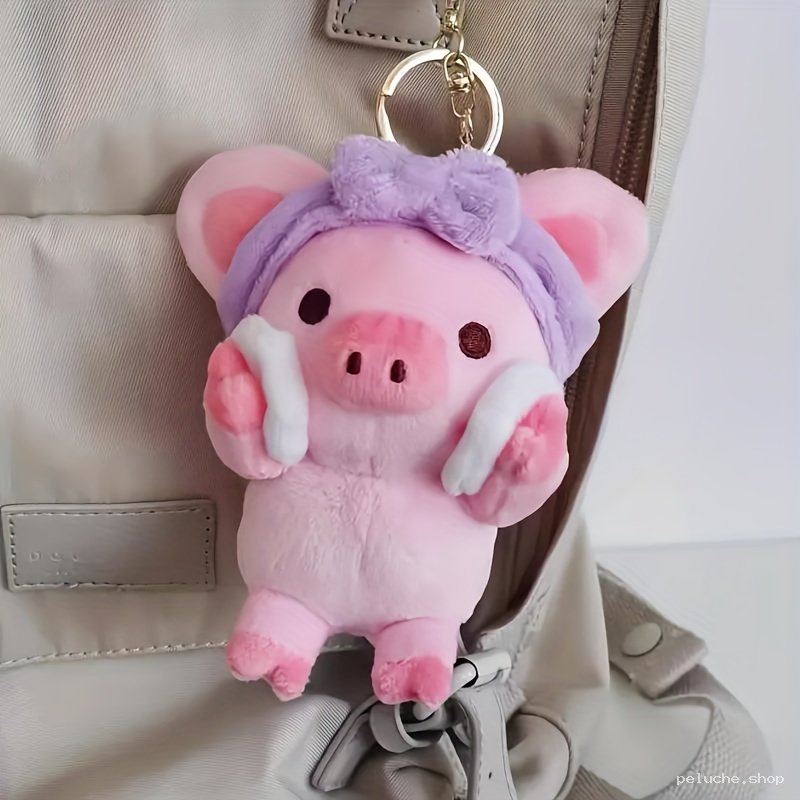 Porte-Clés Cochon Peluche Rose avec Bandeau Violet | peluche.shop