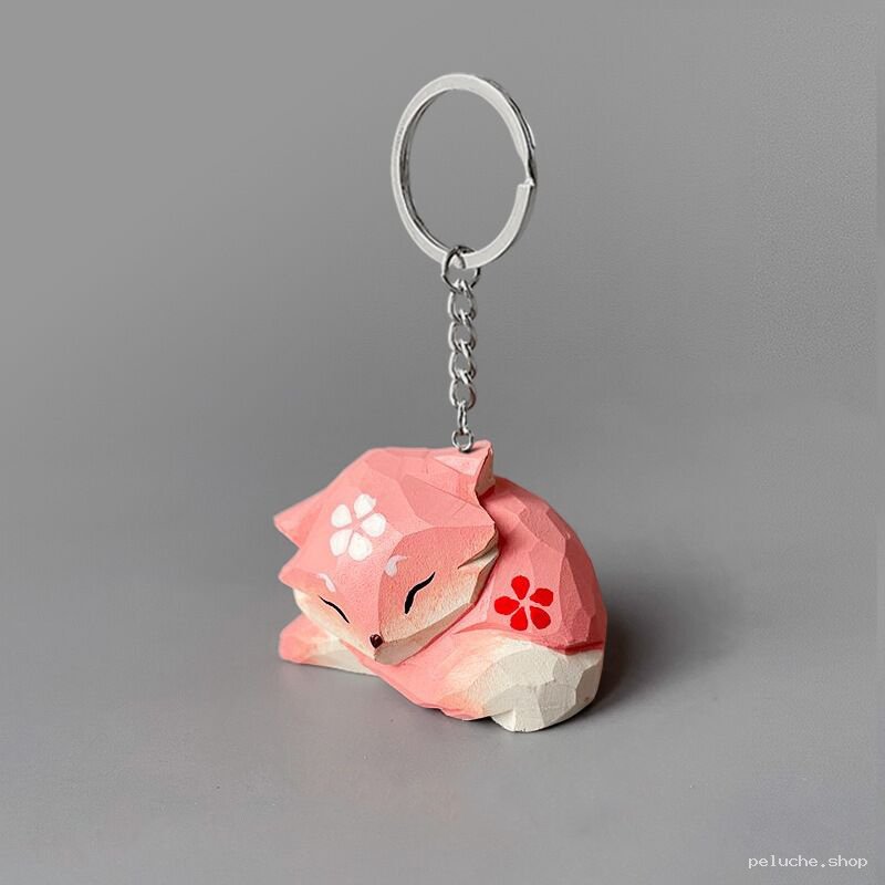 Porte-clés Renard Dormeur en Bois Rose - Fleurs Japonaises