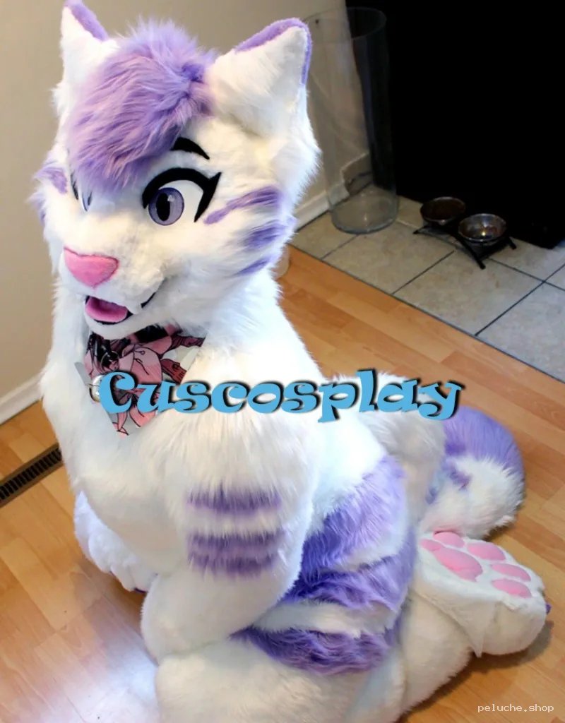 Fursuit chat blanc violet: Costume mascotte doux et unique