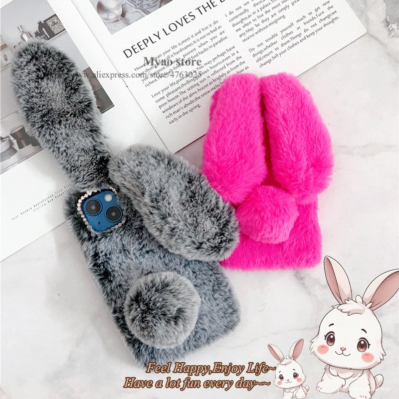 Coque iPhone Lapin Peluche Douce – Rose Fushia & Gris
