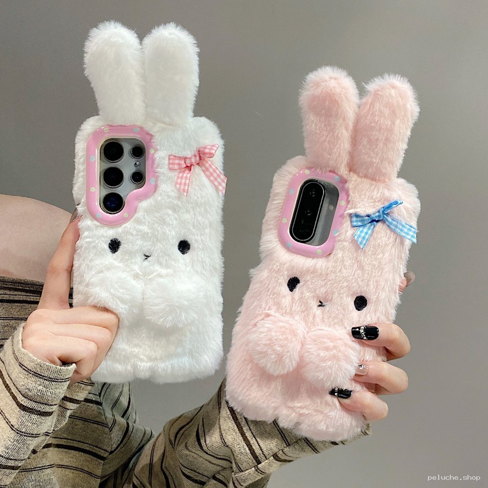 Coque Lapin Peluche Douce pour Téléphone - Blanc & Rose