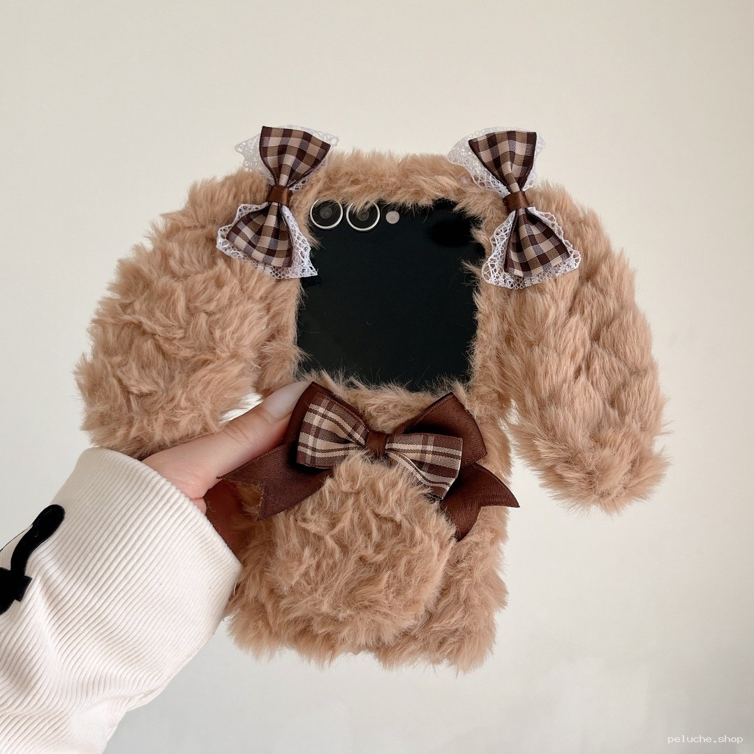 Coque Téléphone Peluche Douce avec Nœuds Mignons - Marron
