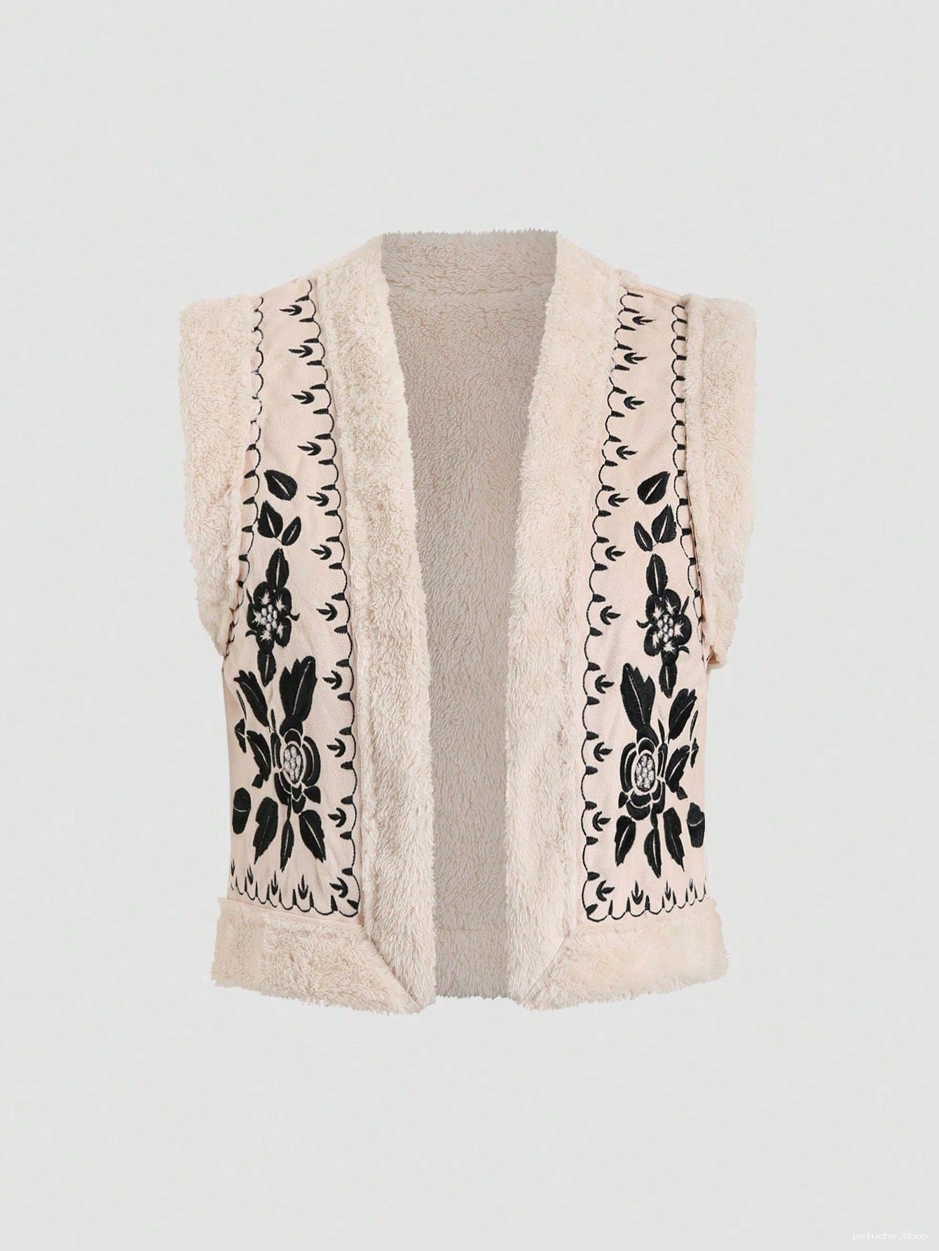 Gilet sans manches fausse fourrure brodé floral crème