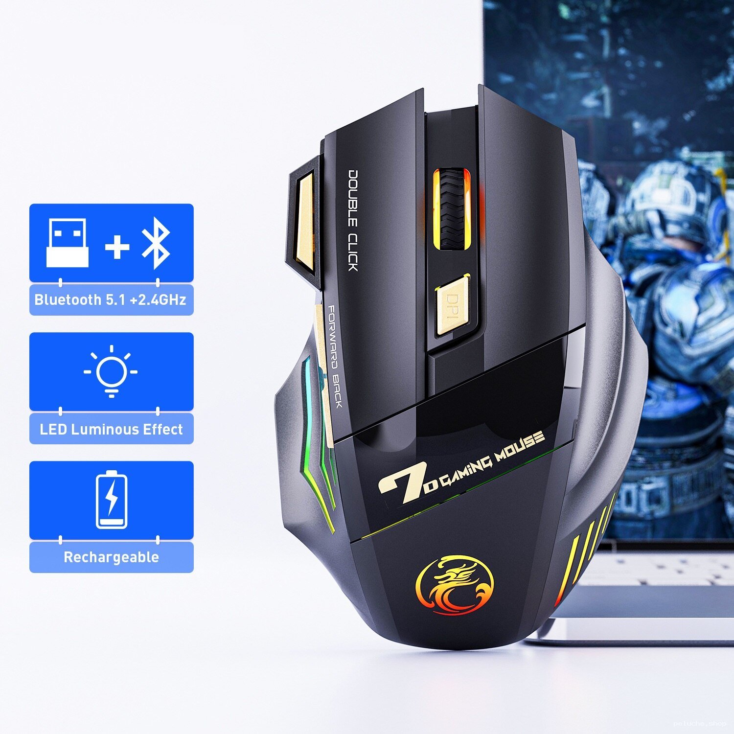 Souris Gaming Sans Fil Bluetooth 5.1 + 2.4Ghz LED Rechargeable