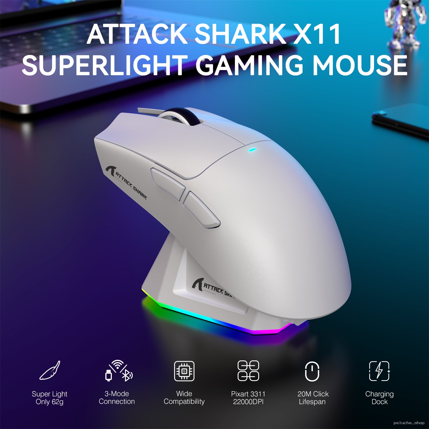 ATTACK SHARK X11 - Souris Gaming Ultralégère 62g, 22000 DPI