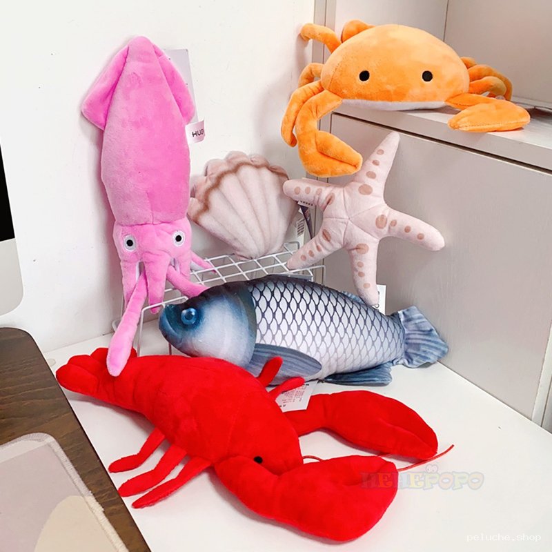 Peluches marines mignonnes : Crabe, Calamar, Poisson & plus