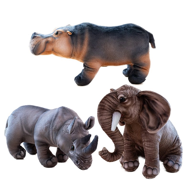 Peluches Animaux Sauvages : Hippopotame, Rhinocéros, Éléphant