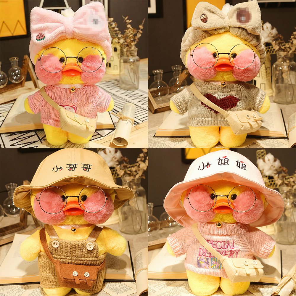 Peluche Canard Jaune Kawaii avec Lunettes et Tenues Variées