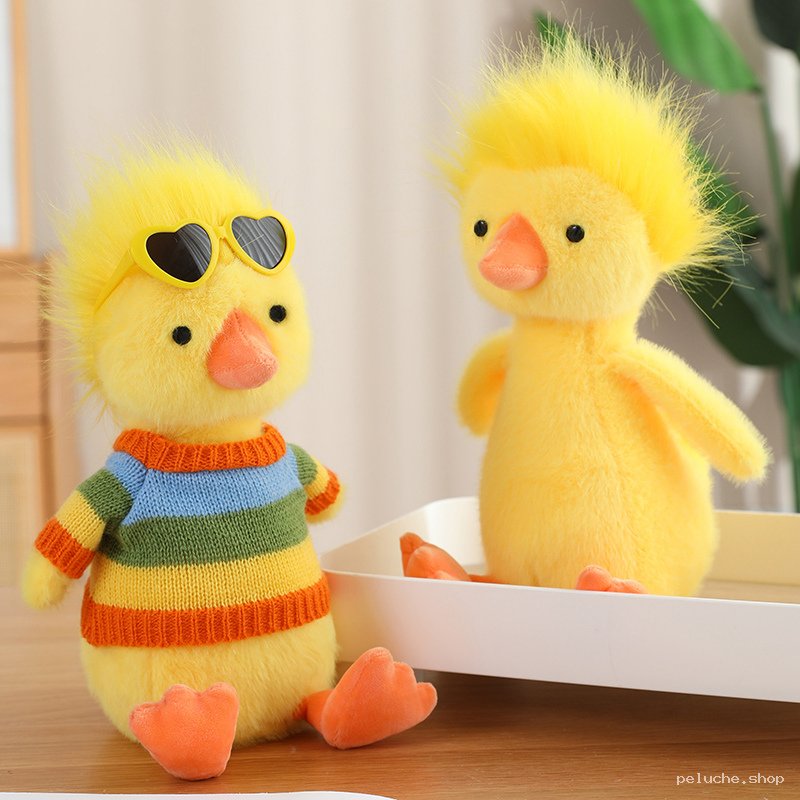 Peluche Canard Jaune Mignon avec Lunettes et Pull Rayé