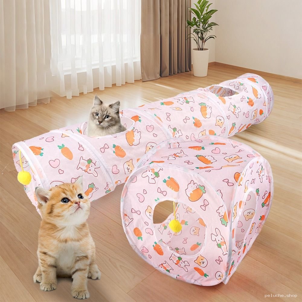 Tunnel de jeu pour chat rose avec cube et motifs lapins