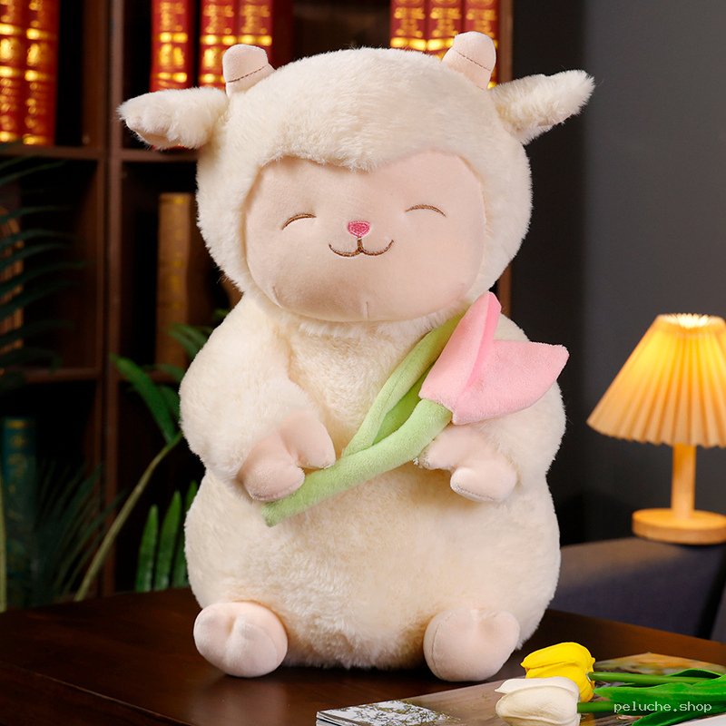 Peluche Agneau Mignon avec Tulipe Rose - Douce et Adorable