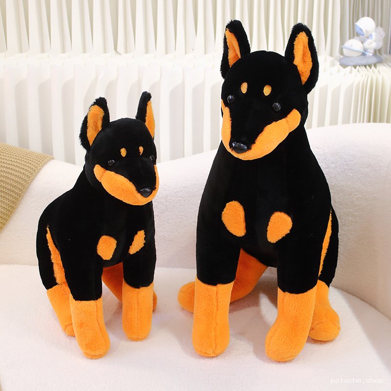 Peluche Doberman Réaliste | Doudou Chien Noir et Feu Doux