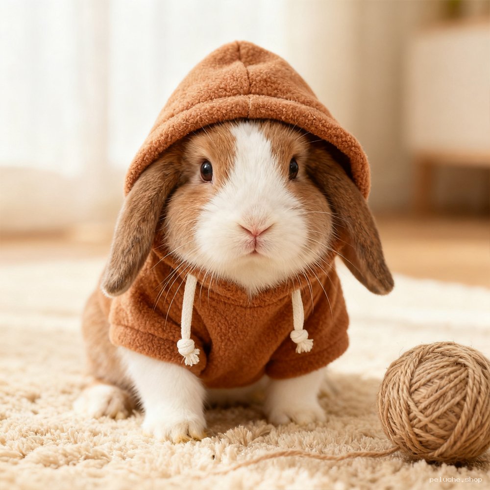 Adorable Lapin en Pull à Capuche Marron – Douce Peluche