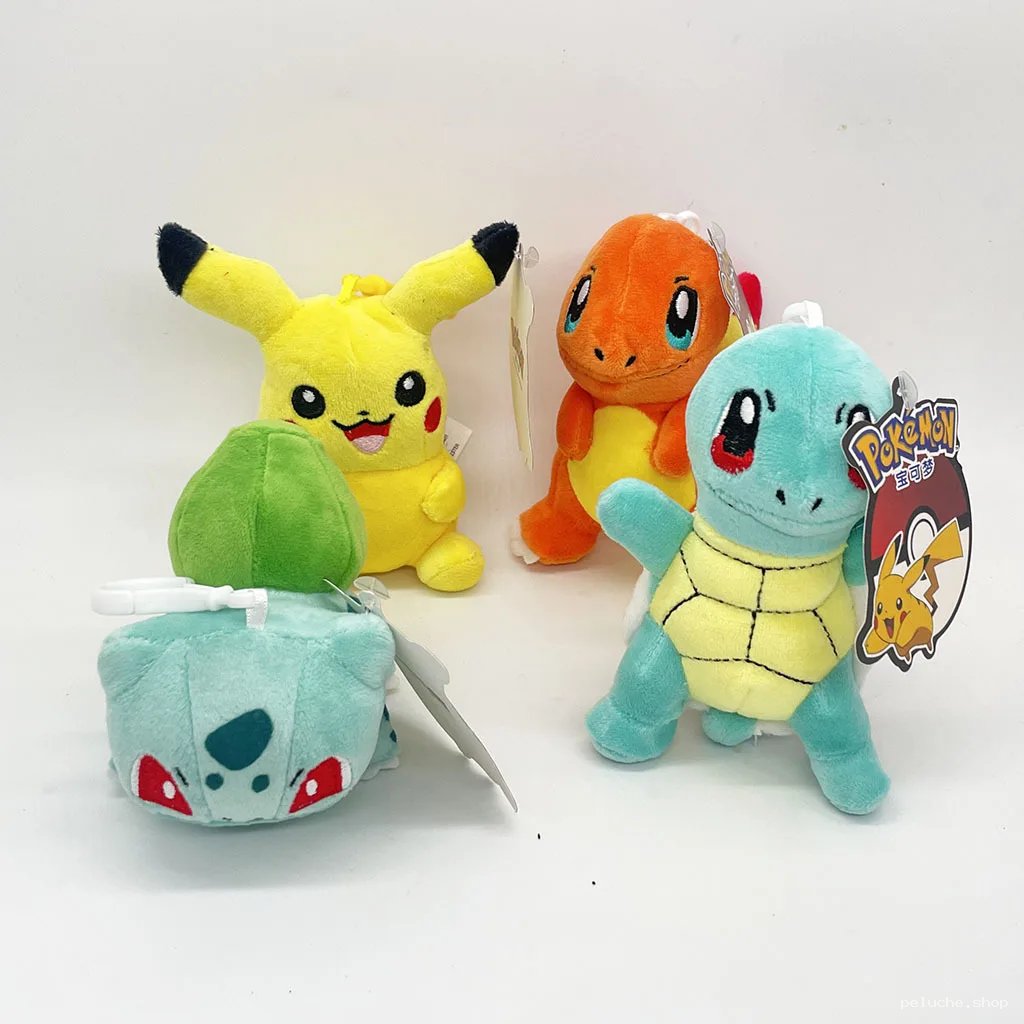 Mini Peluches Pokémon Porte-clés : Pikachu, Carapuce, Bulbizarre