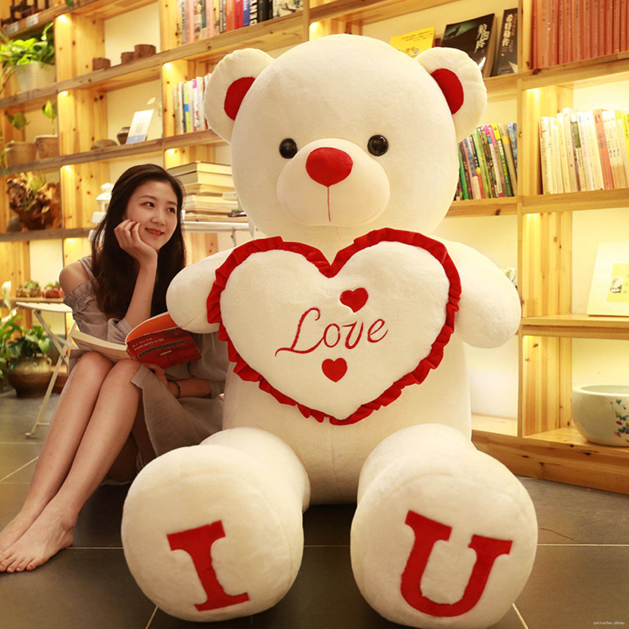 Grand Ours en Peluche Blanc Cœur Amour - Cadeau Romantique