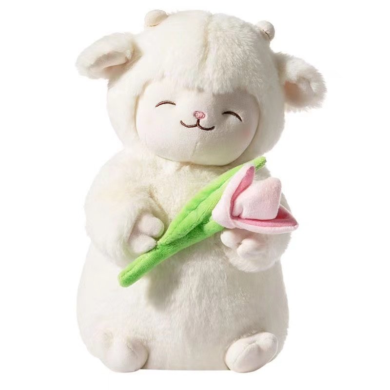 Peluche Mouton Blanc Doux avec Fleur Rose - Cadeau Idéal