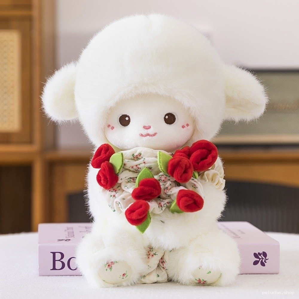 Peluche Agneau Blanc Rose Kawaii - Cadeau Mignon et Doux