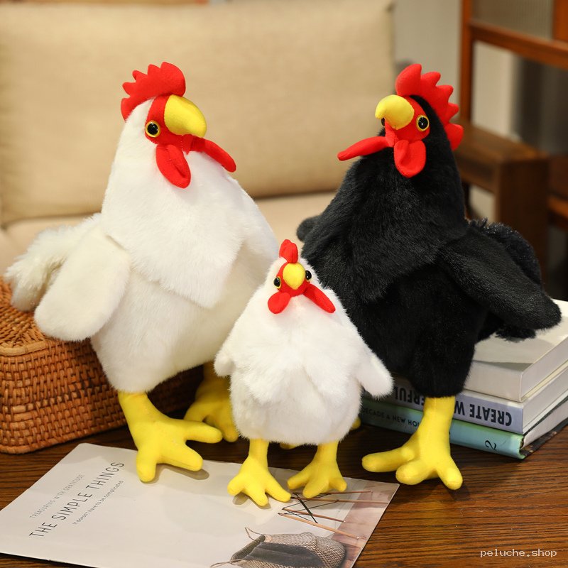Peluche Poulet Réaliste & Douce - Coq Blanc et Noir